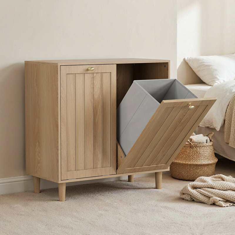 Armoire à linge inclinée avec deux bacs amovibles, en MDF et chêne autoportante.