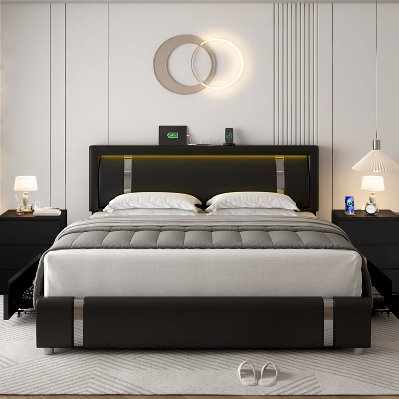 Landenn 3-Piece Bedroom Set with Storage and Charging Port, Black, King