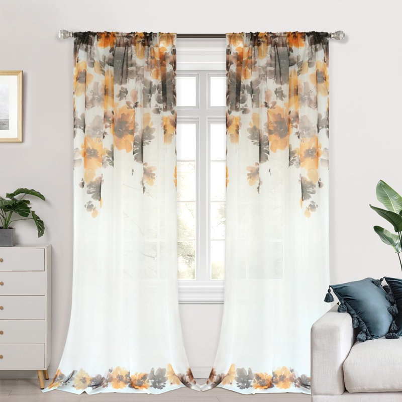 Paire de rideaux transparents Rennee Ployester, L 52 po x L 96 po, Brun/blanc/gris