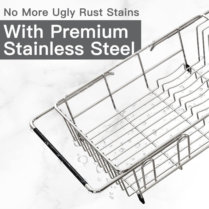 Over-the-Sink Dish Drying Rack – Expandable Stainless Steel Drainer with Adjustable Utensil Holder, Space-Saving for Small Kitchens, Apartments, and RVs (Rustproof)