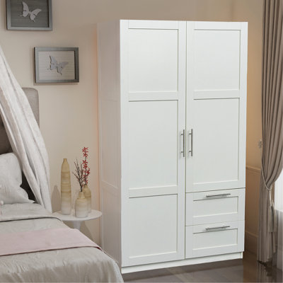 Garde-robe blanche haute et armoire de cuisine - 2 portes, tiroirs, 5 espaces de rangement, panneau de particules de 15 mm, 3 m, facile à nettoyer, 2 portes, 2 zones, arrière, pour une utilisation durable
