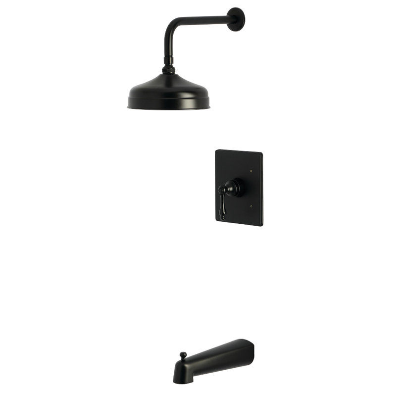 Robinet de baignoire et de douche à pression équilibrée à poignée simple Kingston Brass, Noir mat, Poignée levier
