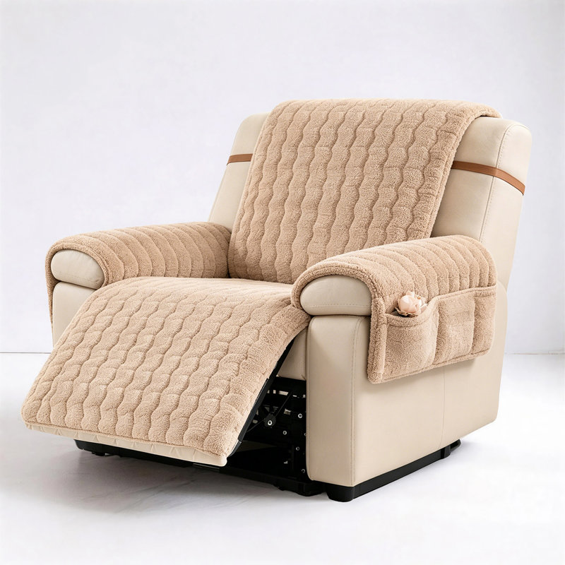 Luxury Sherpa Plush T-Cushion Recliner Slipcover Thick Soft Non Slip Sofa Protector, Light Coffee