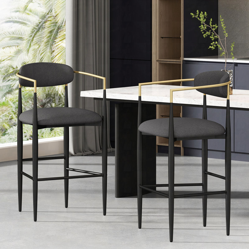 Ensemble de 2 tabourets de bar rembourrés, Noir, Tissu gris