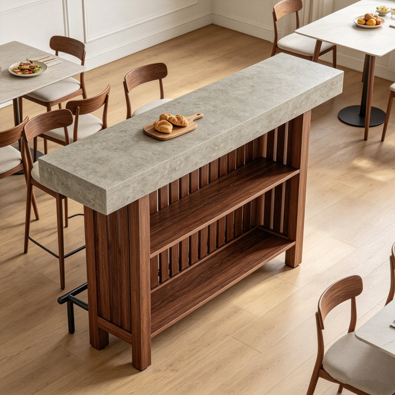 Bar moderne à 2 niveaux avec table de bar et repose-pieds intégré, Brun / Gris