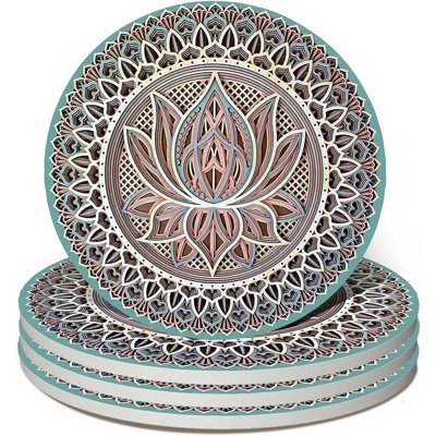 Set of 4 Green Mandala Absorbent Ceramic Coasters with Cork Backing, 4 Inch Decorative Drink Coasters for Home Office