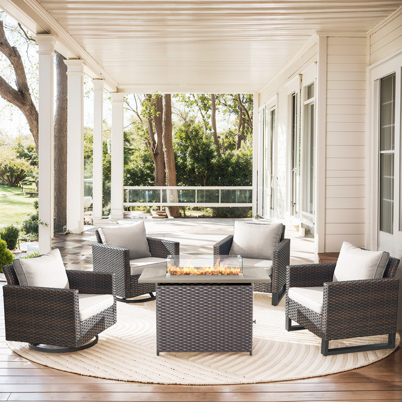 Kreda 5 - Piece Outdoor Seating Group With 41" Fire Pit With Swivel Glide Chair And Cushions, Beige, Brown