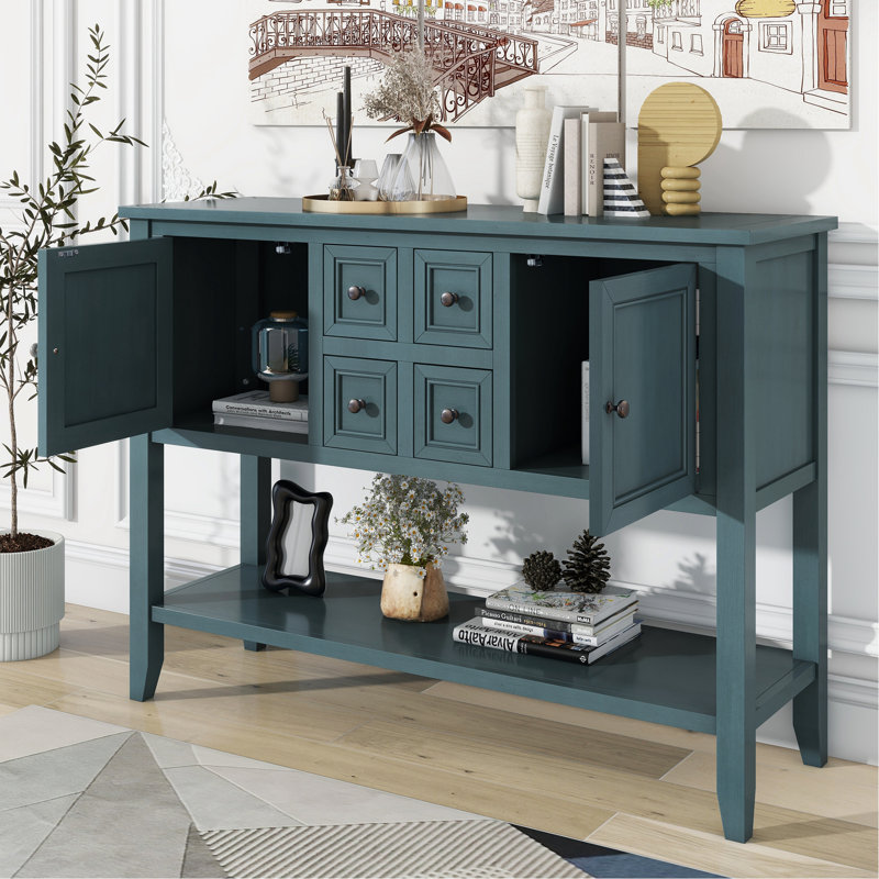 Console rétro avec quatre petits tiroirs et une tablette inférieure pour les salons, les entrées et les cuisines (bleu foncé)