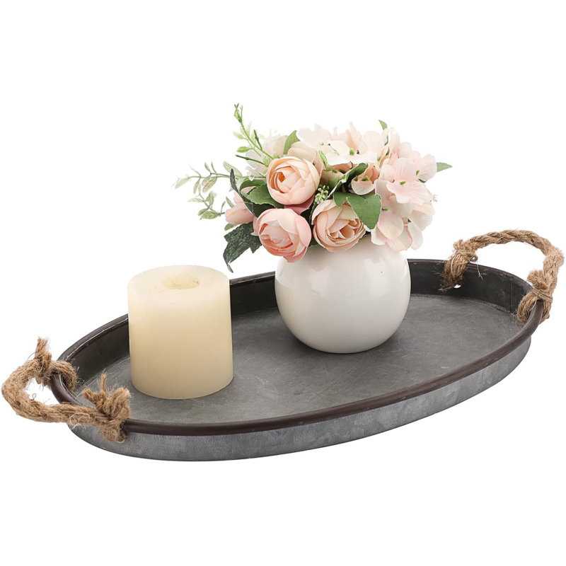 Galvanized Metal Iron Oval Tray With Rope Handle Farmhouse Serving Tray,Brown Gray