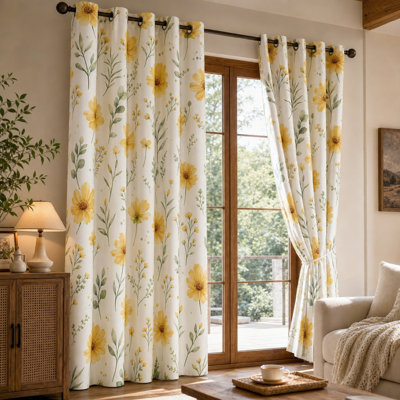 2Pcs floral print Sun Blocking curtains, garden style, romantic watercolor art ring-top, living room and bedroom decoration for Home Dector
