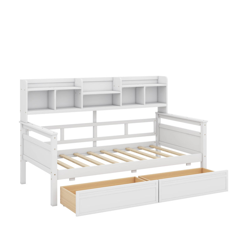 Twin Size Daybed, Wood Slat Support, With Bedside Shelves And Two Drawers, Twin, White