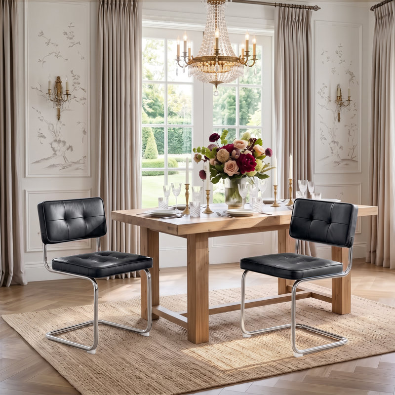 Chaise en porte-à-faux capitonnée en cuir Marlow, Noir, Chrome chrome