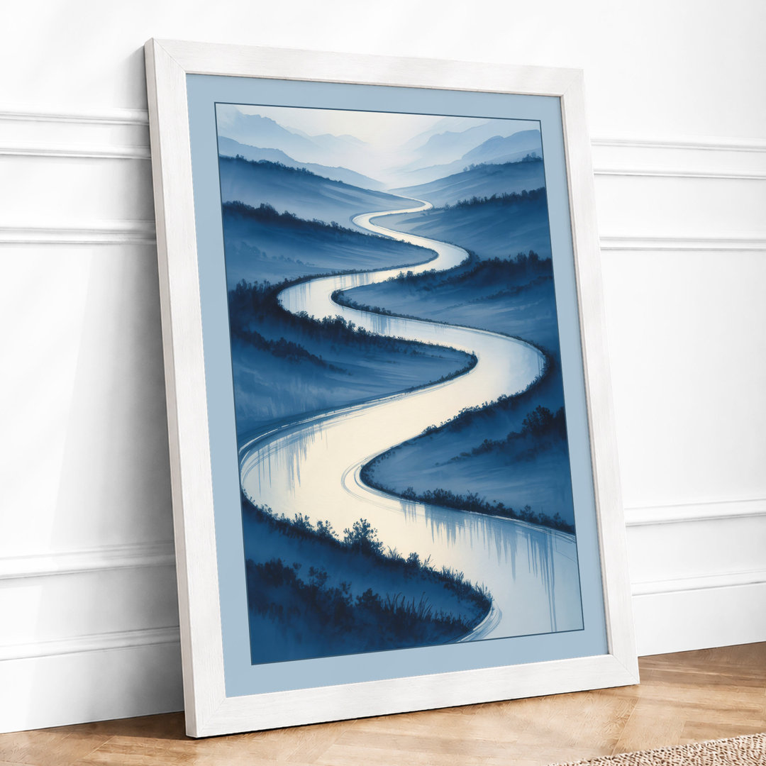 River Through Misty Forest Scandinavian - Framed Print
