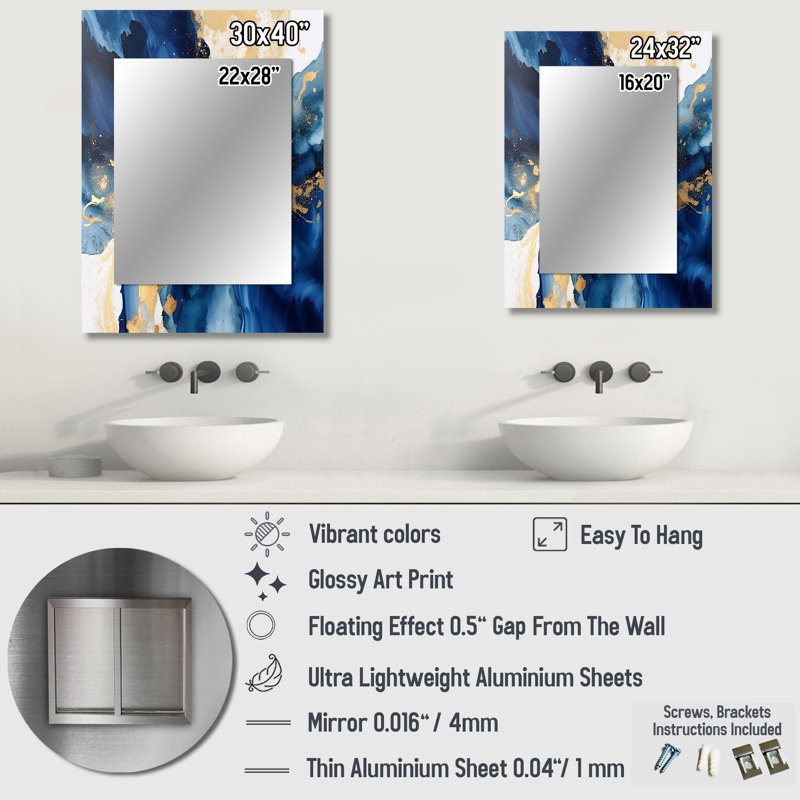 Kosinski Dark Blue and Gold Strokes VIII - Fractals Unique Wall Mirror, Modern Mirror, Printed Metal Art, 32" x 24"