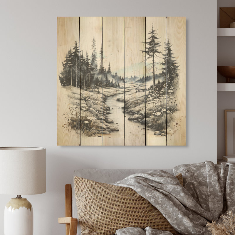 Faune sauvage, fleurs d'hiver - montagnes, panneau mural en bois sur bois de pin naturel, H 15 po x l 15 po