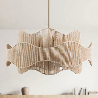 Lustre tambour en rotin tissé à la main à 5 lumières de 28 po / style campagne moderne avec finition en laiton poli pour la salle à manger ou la chambre à coucher
