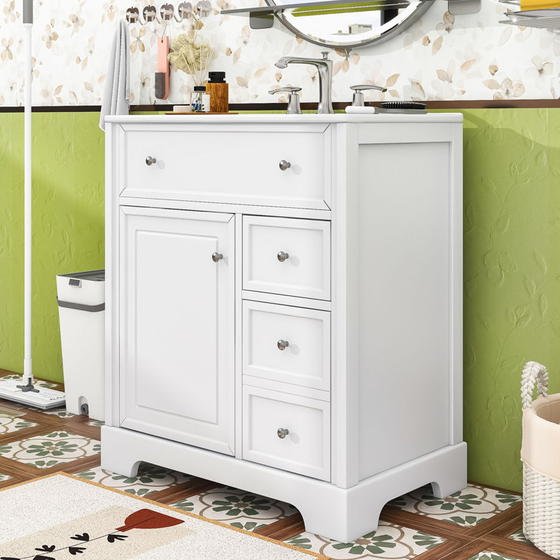 Meuble-lavabo simple autoportant élégant en bois avec lavabo en céramique et grand rangement, Blanc