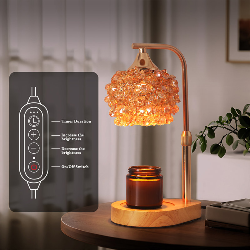 Candle Warmer Lamp with Timer & Dimmer - Adjustable Height with Amber Crystal Shade - Includes 2 Bulbs for Wax Melts, Amber
