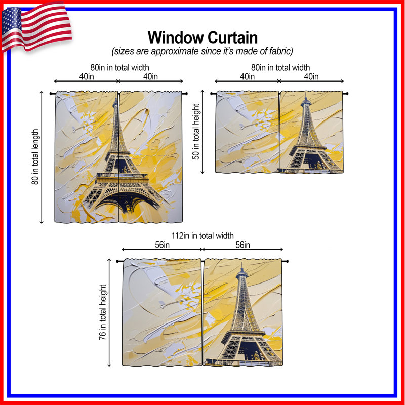 Rideaux de fenêtre Tour Eiffel obscurcissant et obscurcissant - 2 panneaux, 40in x 60in - 2 panels, Transparent