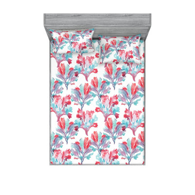 Ambesonne Fitted Sheet & Sham Watercolor Corals Plot Dark Salmon and Pale Blue