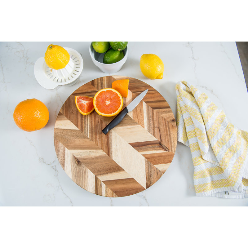 Acacia Herringbone Round Cutting /Serve Board W/ Inset Handles