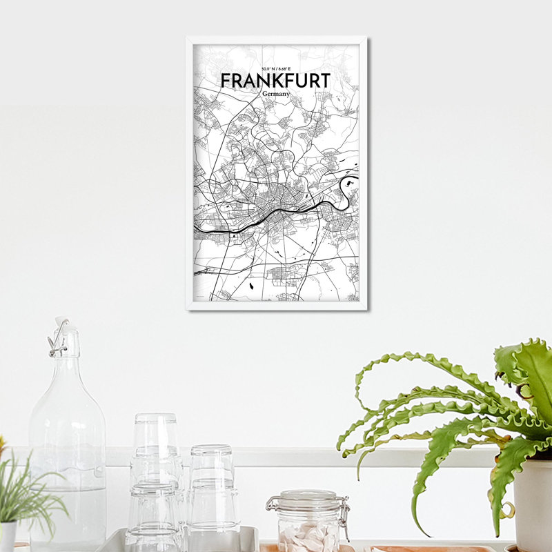 Carte de Francfort, impression graphique contrastée, H 17 po x l 11 po, Noir / blanc