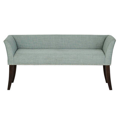 Banc confortable bleu sarcelle avec accoudoirs rembourrés, têtes de clou et structure de revêtement en mélange de lin, capacité de 400 lb, idéal pour les détails de tête de vestibule, pieds en bois massif, tissage serré, ajout de couloir