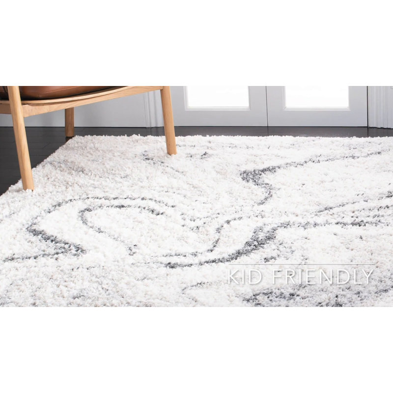 Ivory and Grey Hand-knotted Shag Runner Rug