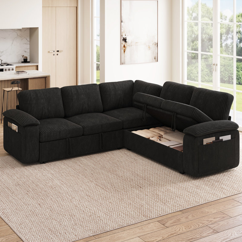 Canapé modulaire en forme de L avec lit escamotable, canapé-lit modulaire avec rangement, noir, Velours côtelé noir