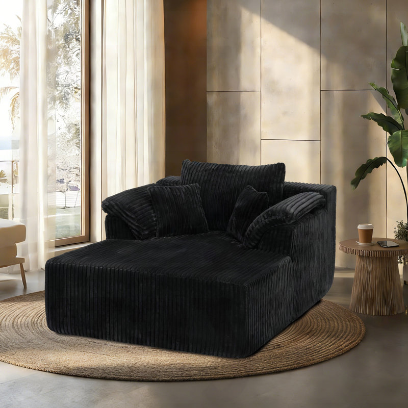 Chaise longue Masir d'intérieur avec coussins lombaires, aucun assemblage requis. Velours côtelé noir, Noir