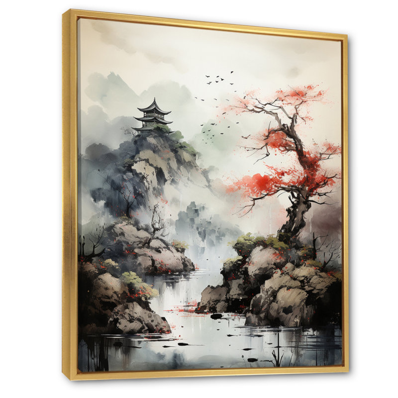 Asian Art Samurais Landscape I - impressions sur toile asiatiques, H 32 po x l 16 po x P 1 po, Cadre flottant doré