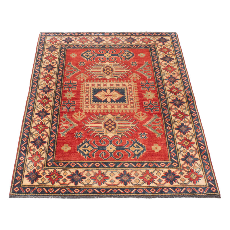 Tapis unique en laine noué à la main 4 pi 2 po x 6 pi 9 po nouvel âge Ahmari - crème / bleu clair / bleu marine