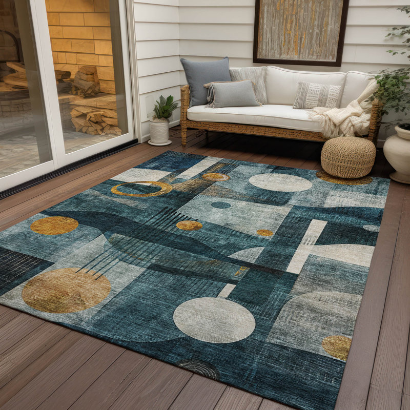 Teal and Gold Geometric Washable Synthetic Area Rug