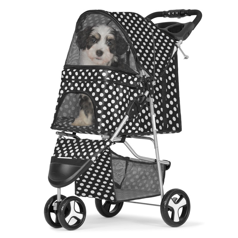 Lawn Green Polka Dot Foldable Pet Stroller with Storage