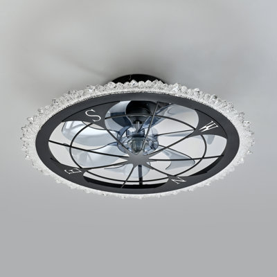 Ventilateur de plafond encastré de 53 cm (21 pouces) avec éclairage intégré, structure métallique noire mate en forme de boussole, garniture en cristal perlé, moteur CC réversible, 6 vitesses de ventilation, double commande par télécommande et application, ventilateur de plafond discret de style ferme
