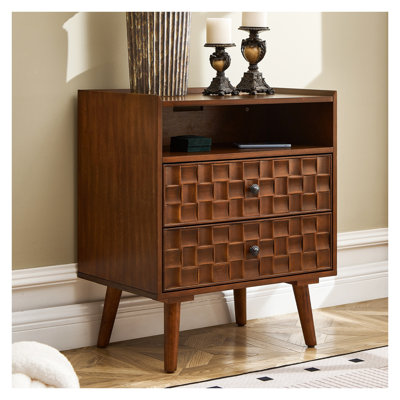 Table de chevet en noyer avec station de recharge, table de nuit à 2 tiroirs avec tablette ouverte, pieds en bois massif, multiprise certifiée ETL pour chambre à coucher