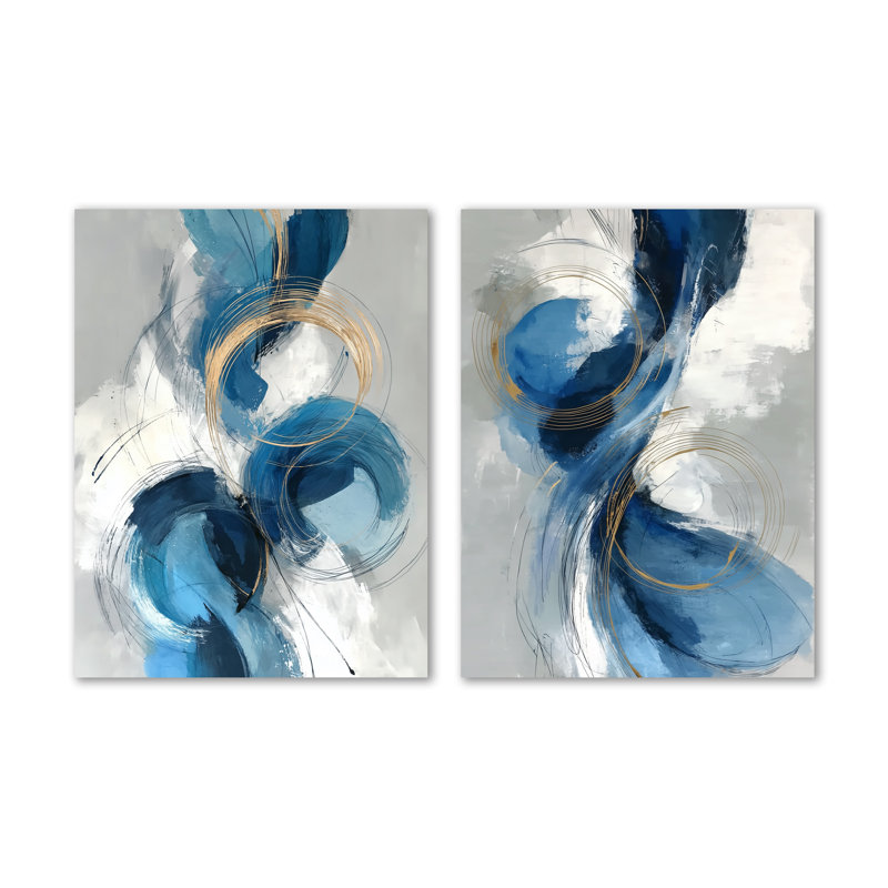 Tourbillon abstrait dans des tons bleus et blancs II - ensemble de 2 reproductions d'art mural en métal, 32" H x 48" W