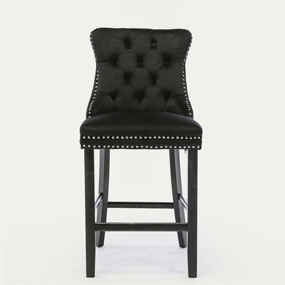 Velvet Upholstered Bar stools with Chrome Nailhead Trim and Wooden Legs (Black,Set of 2)
