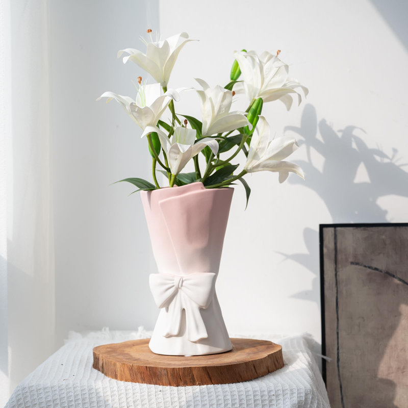 Vase en céramique 9,64 po, Rose / blanc