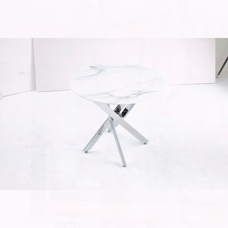 Table ronde en verre trempé 35,43 po - Cadre en fer argenté, design moderne