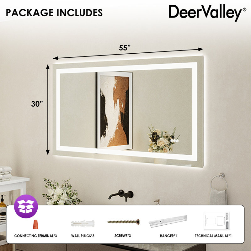 Deervalley 55"X 30"  LED Bathroom Mirror With Lights, 1.5X Anti-Fog, Front And Backlit Frameless LED Mirror