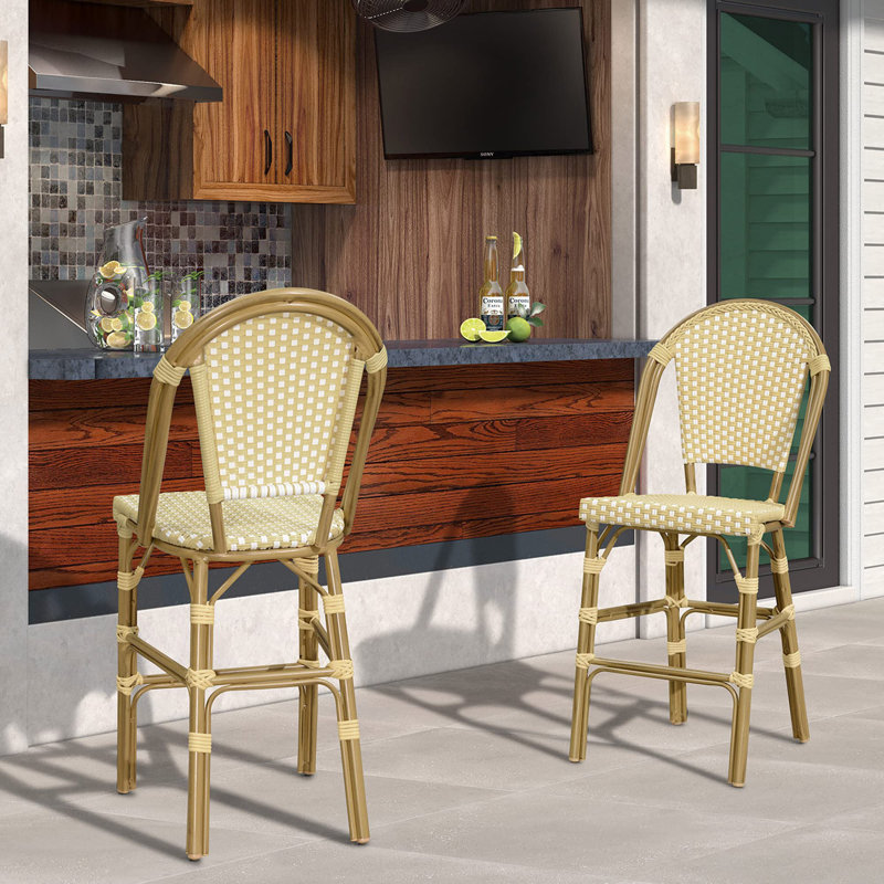 Patio Bamboo Print Finish Bar Stools With Rattan Back (Set Of 2), Yellow/Brown, Counter Stool (25" Seat Height)