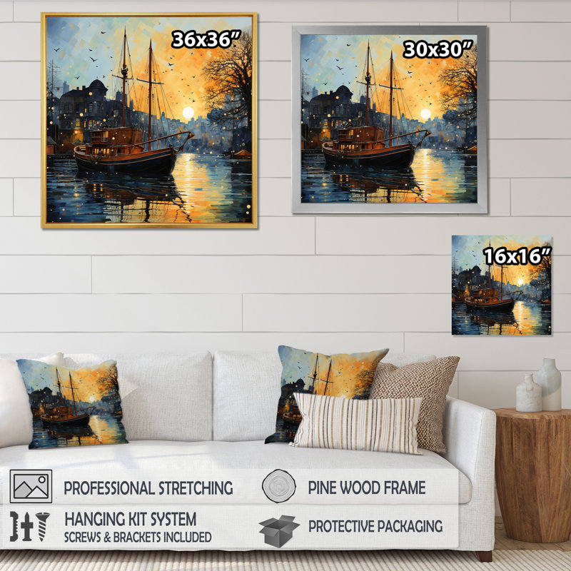 «Coastal Port Of Tranquility X» - Impression sur toile nautique et plage, 16" H x 16" W, Cadre flottant doré