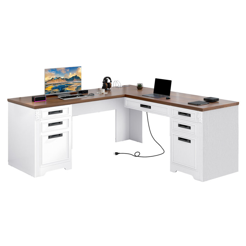  Bureau de direction en L Farmhouse de 60 po avec tiroirs, bureau à domicile avec plateau relevable et station de charge