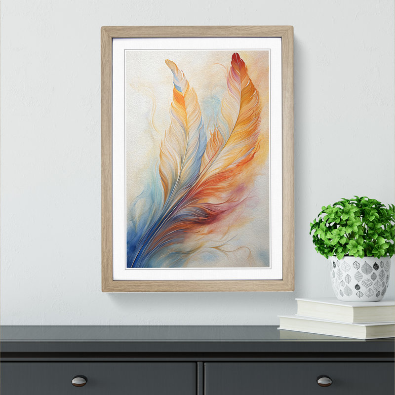 Feather Abstract - Single Picture Frame Print on Wood, 64cm H x 46cm W x 2cm D, Oak