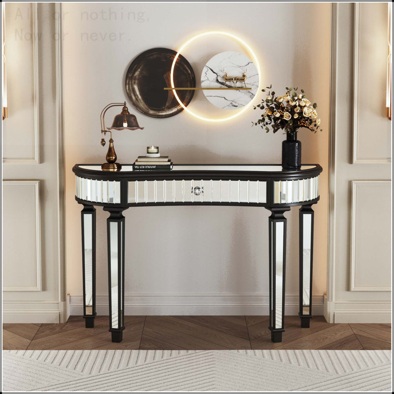 Console demi-lune à miroir avec verre cannelé et poignée en cristal, Noir antique