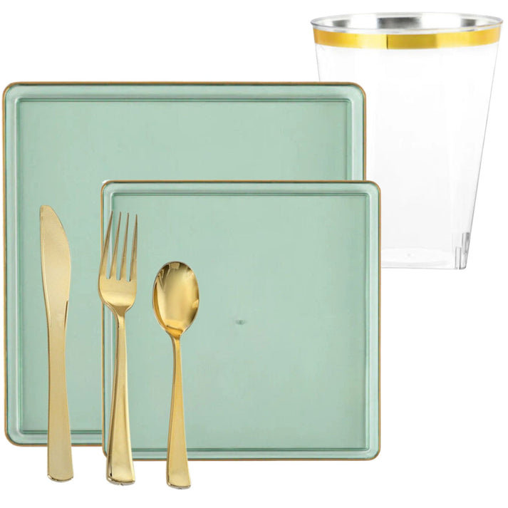 The Edge Collection Elegant Transparent Green with Gold Rim Square Dinner Tableware COMBO Set, Transparent Green