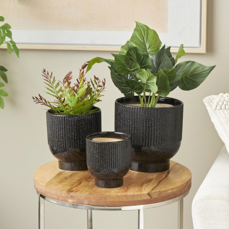 Ensemble de pots à fleurs en céramique 3 pièces Aisa, Noir, H 9,4 po x l 8,55 po x P 8,6 po