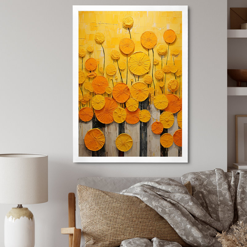 «Yellow Flowers Pottery Garden I», reproduction sur toile, H 40 po x l 30 po x P 1,5 po, Cadre simple blanc