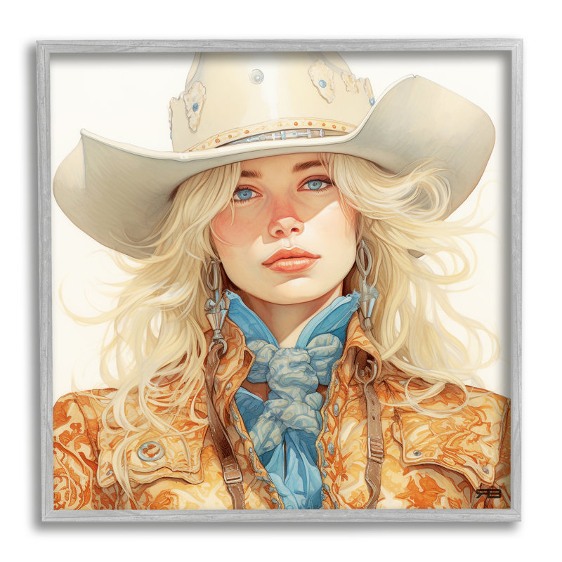 «Blonde Cowgirl Portrait» encadré sur bois par RB Print, Estampe numérique Farmhouse, H 17 po x l 17 po x P 1,5 po